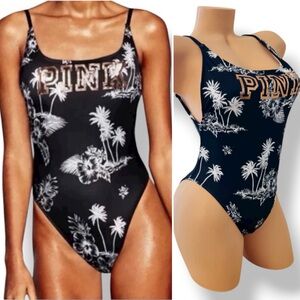 PINK Victoria’s Secret Swimsuit One Piece Low Back Full Logo Tropical Black S
